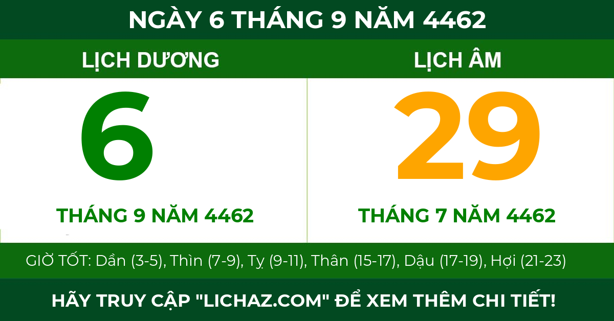 lịch âm ngày 6 tháng 9 năm 4462