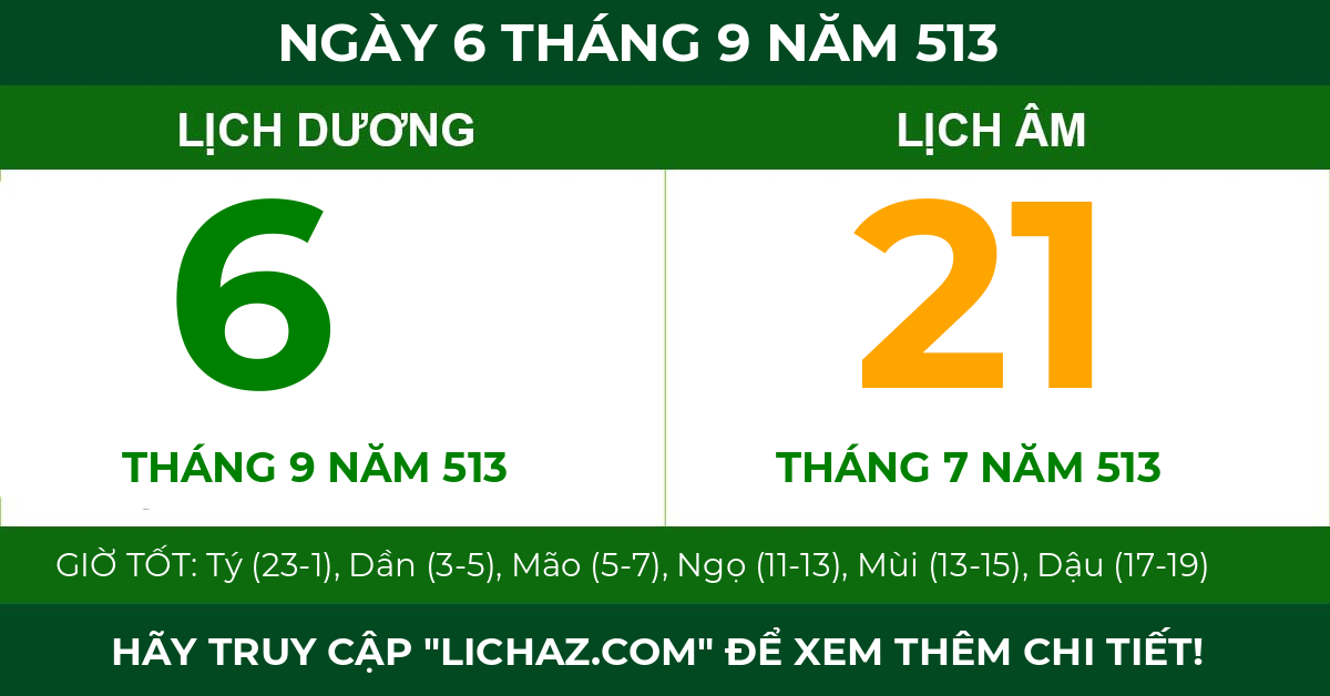 lịch âm ngày 6 tháng 9 năm 513