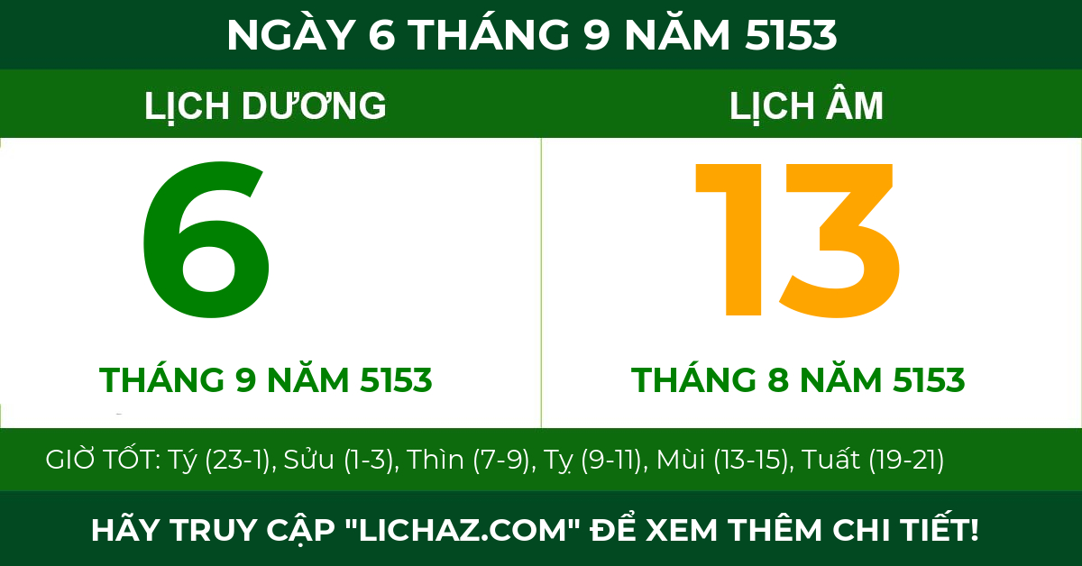 lịch âm ngày 6 tháng 9 năm 5153