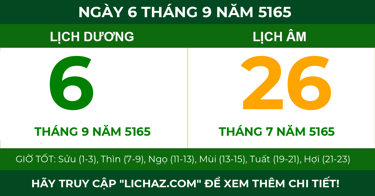 lịch âm ngày 6 tháng 9 năm 5165