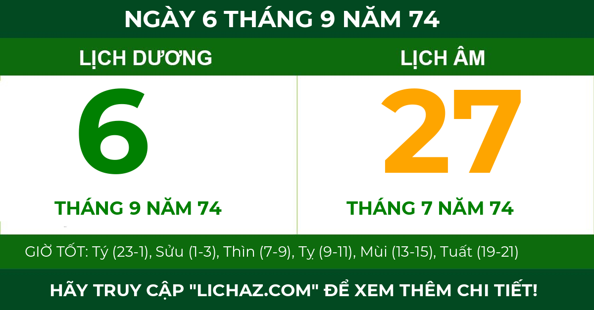 lịch âm ngày 6 tháng 9 năm 74