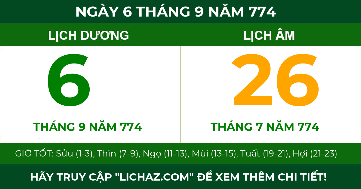 lịch âm ngày 6 tháng 9 năm 774