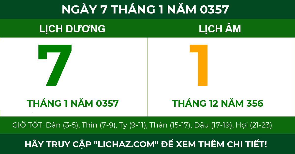 lịch âm ngày 7 tháng 1 năm 0357