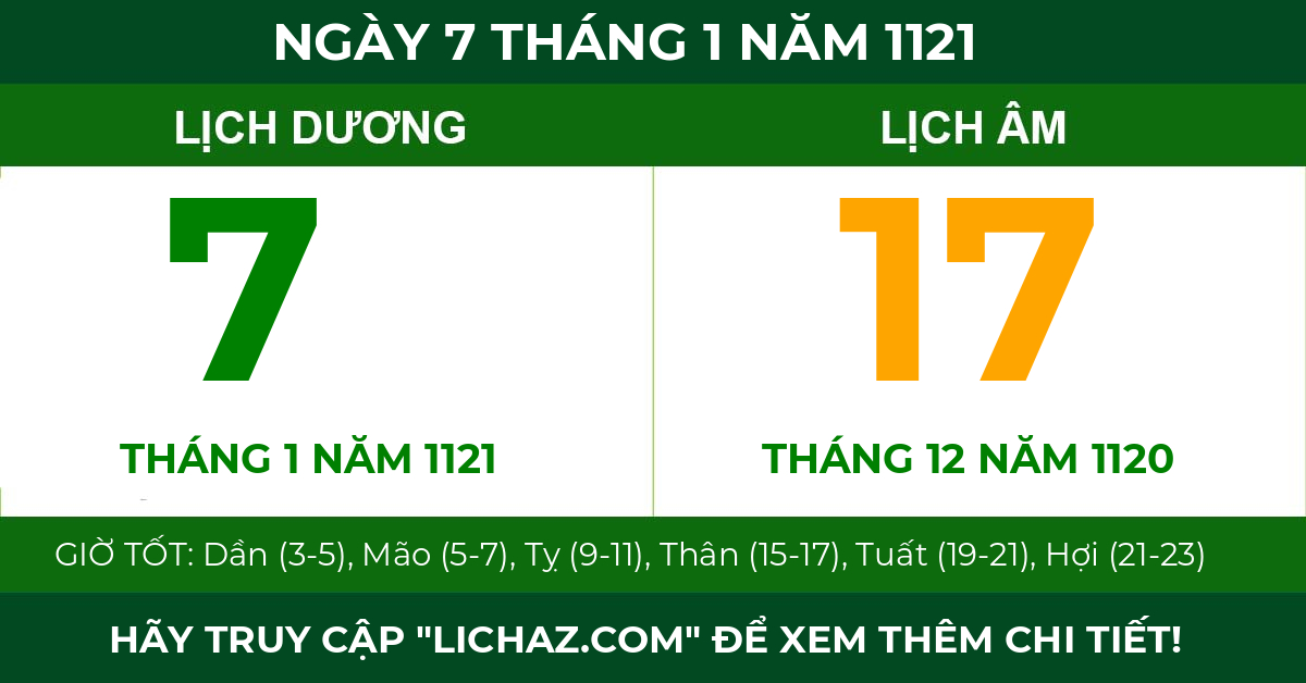 lịch âm ngày 7 tháng 1 năm 1121