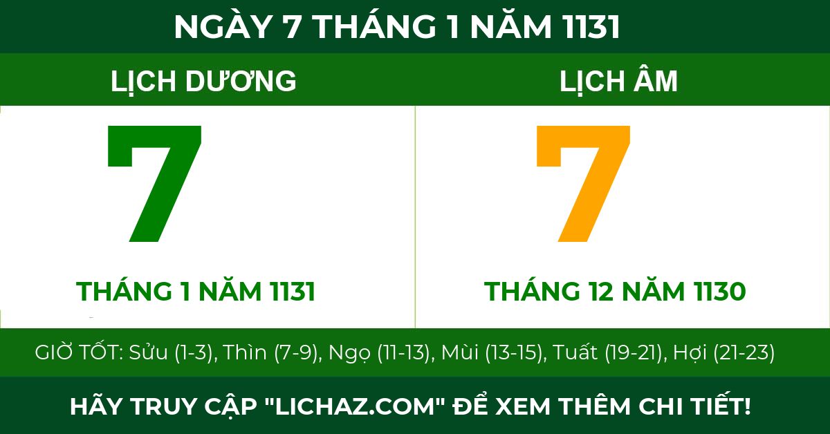 lịch âm ngày 7 tháng 1 năm 1131