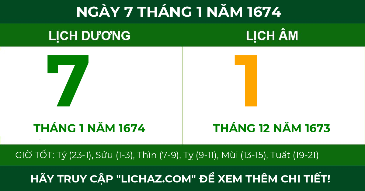 lịch âm ngày 7 tháng 1 năm 1674