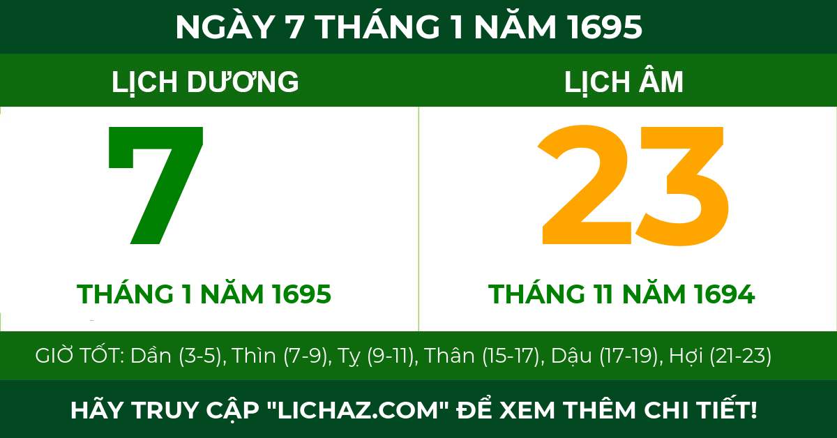 lịch âm ngày 7 tháng 1 năm 1695