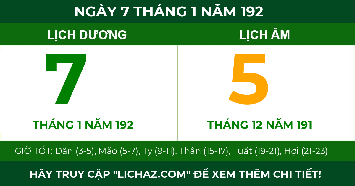 lịch âm ngày 7 tháng 1 năm 192