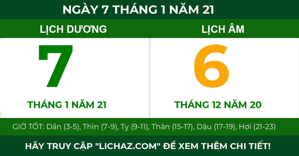 lịch âm ngày 7 tháng 1 năm 21