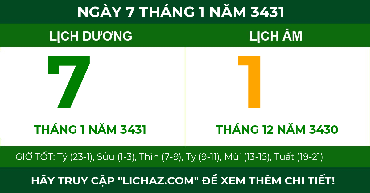 lịch âm ngày 7 tháng 1 năm 3431
