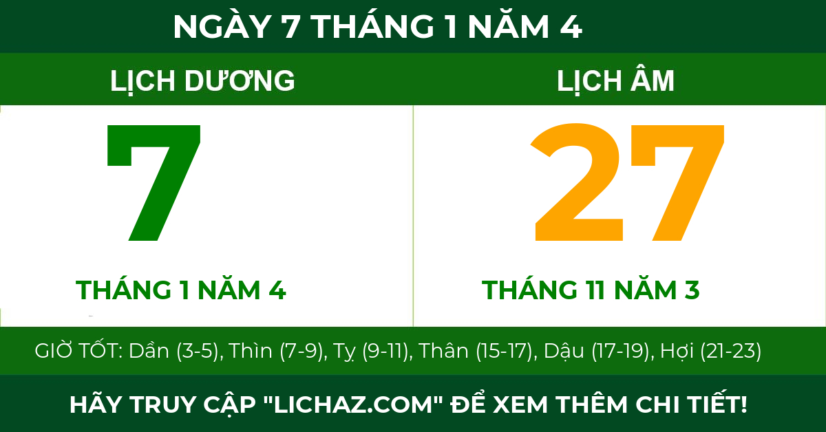 lịch âm ngày 7 tháng 1 năm 4
