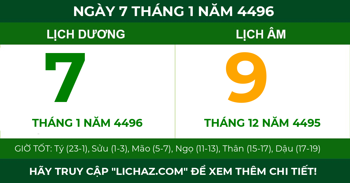 lịch âm ngày 7 tháng 1 năm 4496