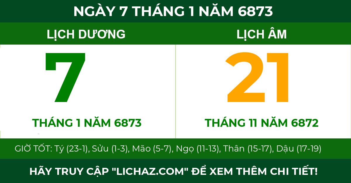 lịch âm ngày 7 tháng 1 năm 6873