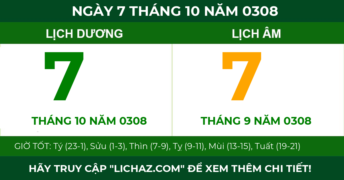 lịch âm ngày 7 tháng 10 năm 0308