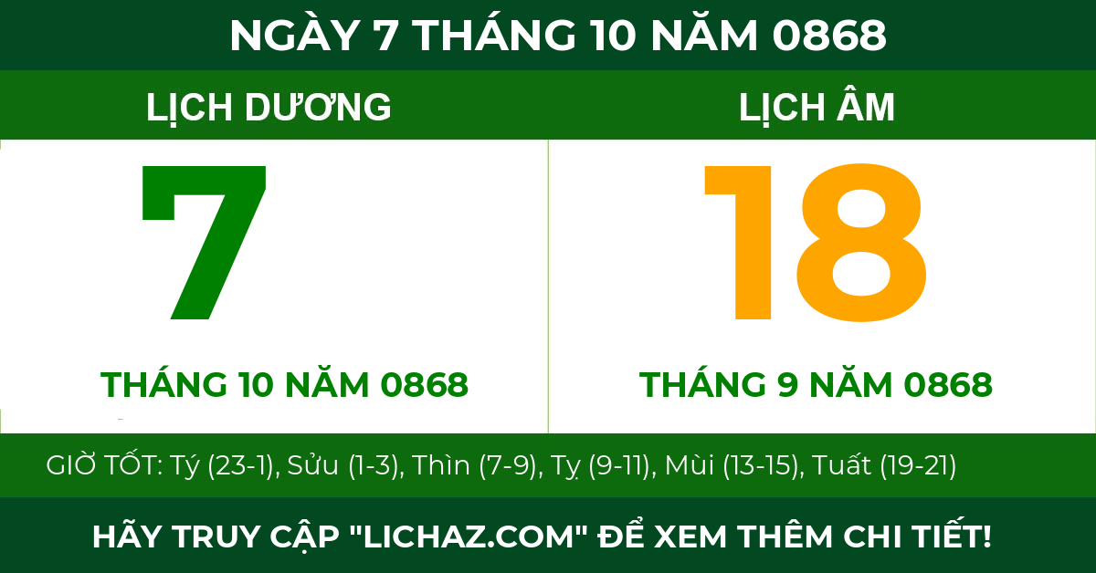 lịch âm ngày 7 tháng 10 năm 0868