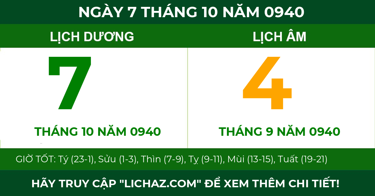 lịch âm ngày 7 tháng 10 năm 0940