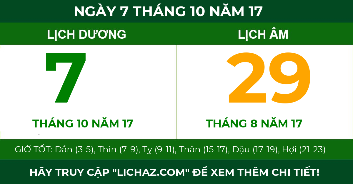 lịch âm ngày 7 tháng 10 năm 17