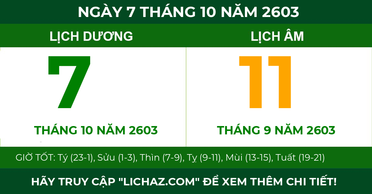lịch âm ngày 7 tháng 10 năm 2603