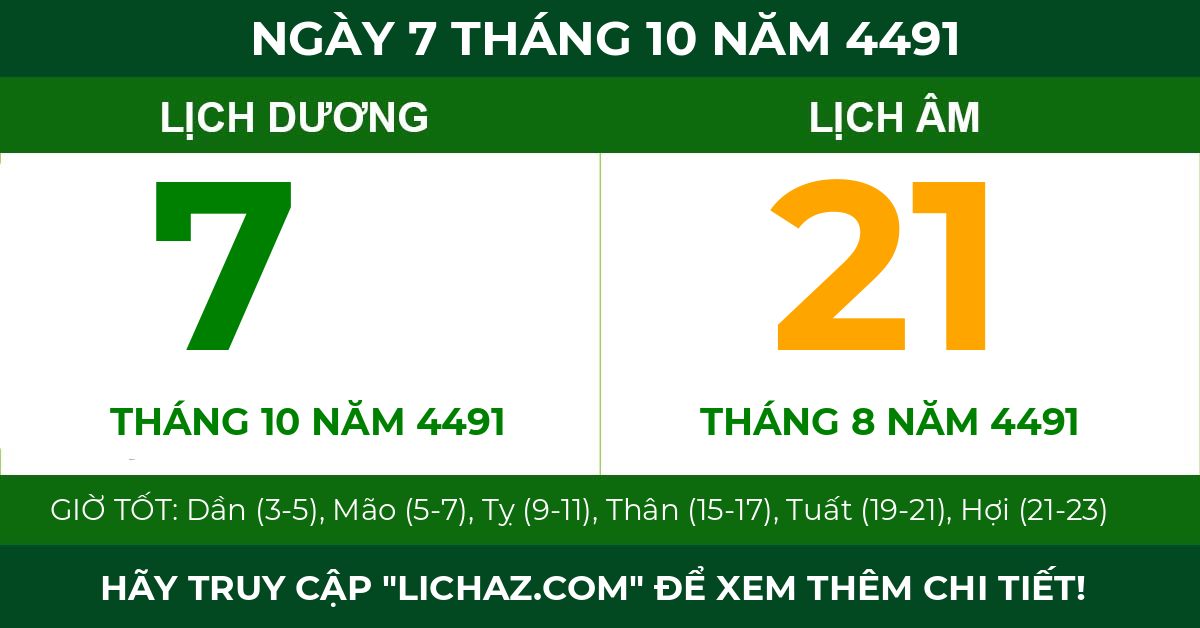 lịch âm ngày 7 tháng 10 năm 4491