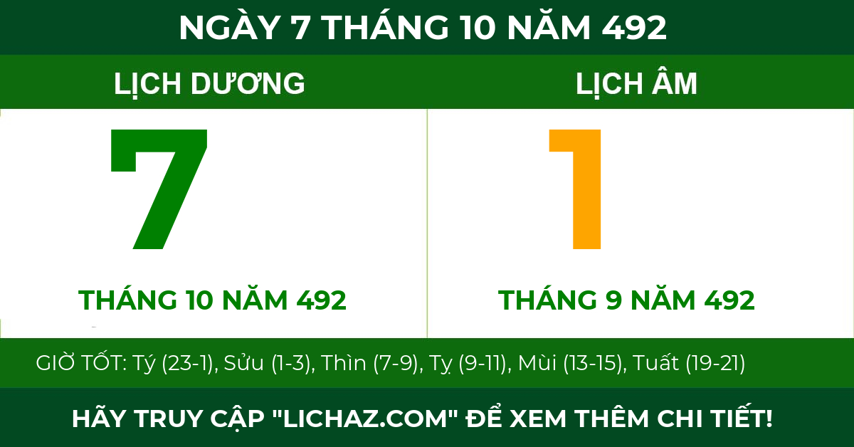 lịch âm ngày 7 tháng 10 năm 492