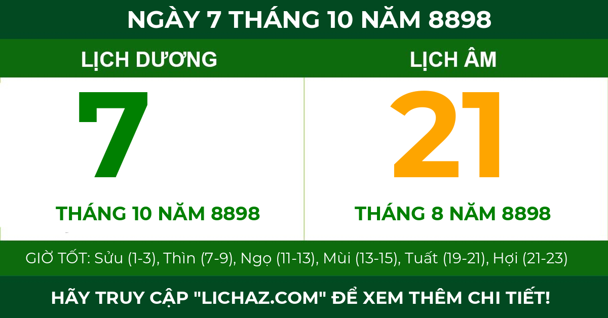 lịch âm ngày 7 tháng 10 năm 8898