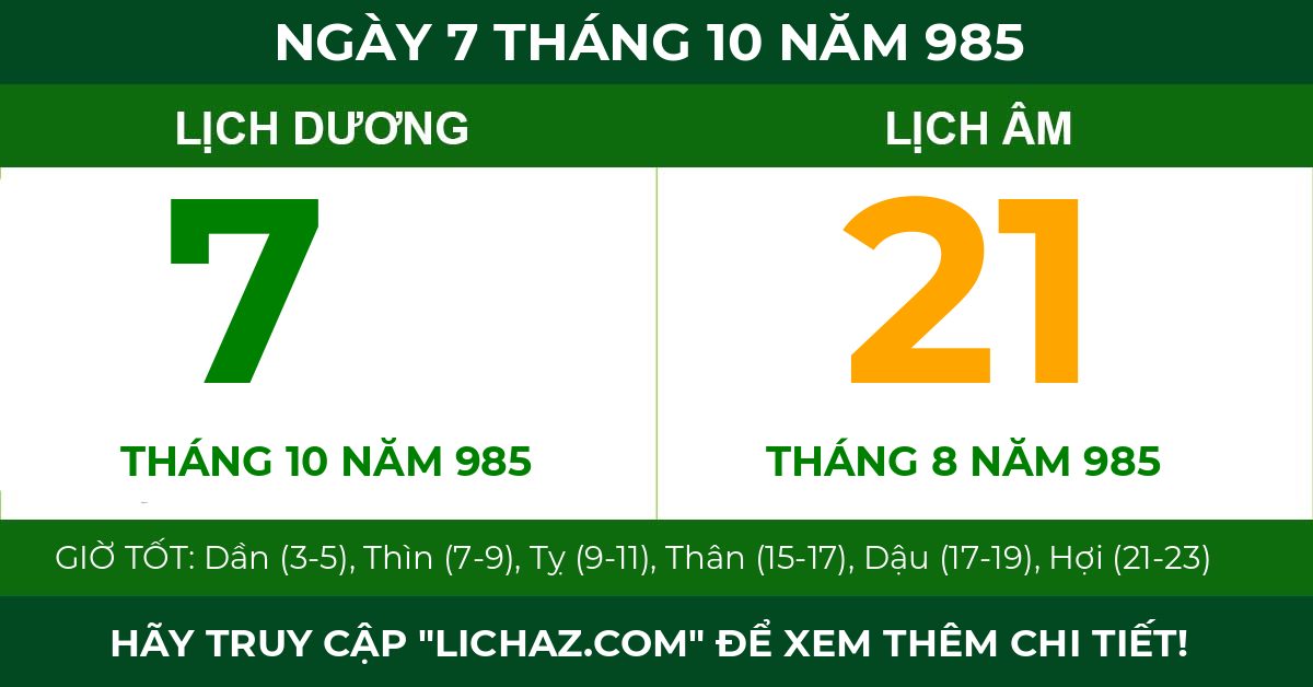 lịch âm ngày 7 tháng 10 năm 985