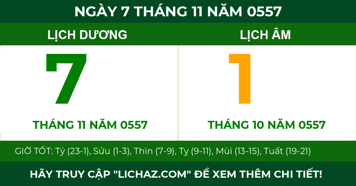 lịch âm ngày 7 tháng 11 năm 0557