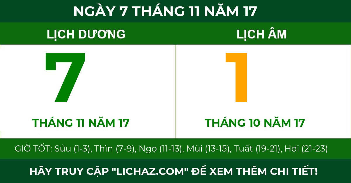 lịch âm ngày 7 tháng 11 năm 17
