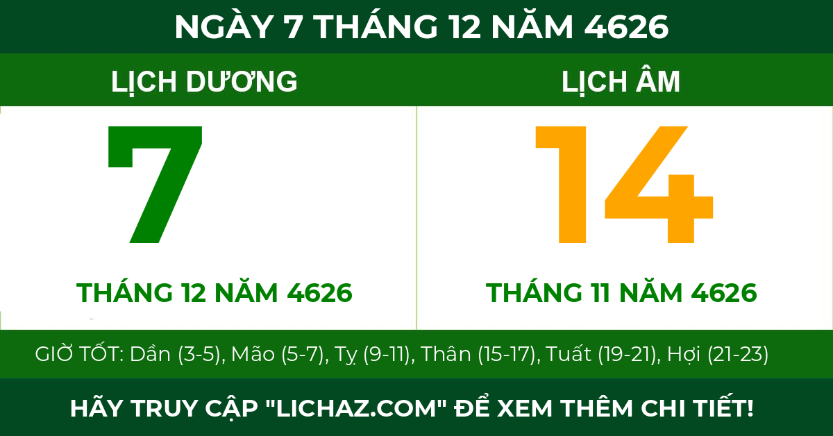 lịch âm ngày 7 tháng 12 năm 4626