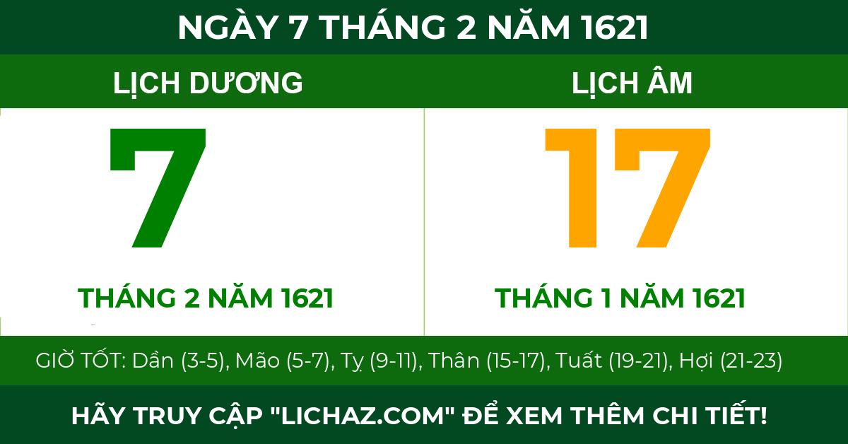 lịch âm ngày 7 tháng 2 năm 1621