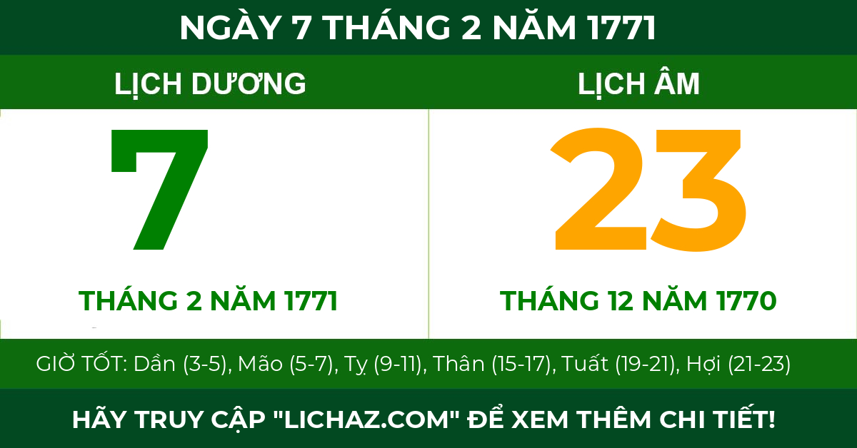 lịch âm ngày 7 tháng 2 năm 1771