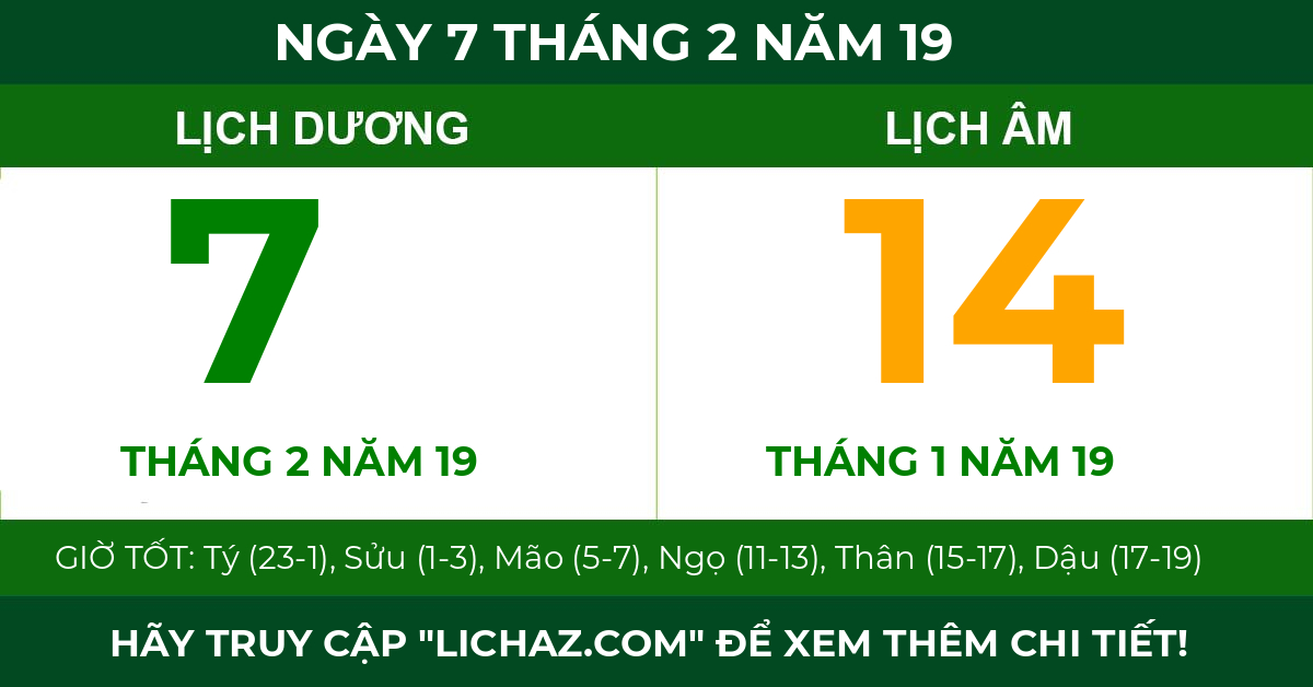 lịch âm ngày 7 tháng 2 năm 19