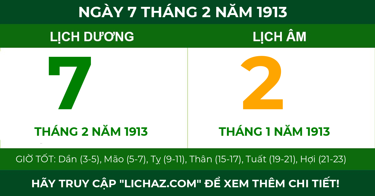 lịch âm ngày 7 tháng 2 năm 1913