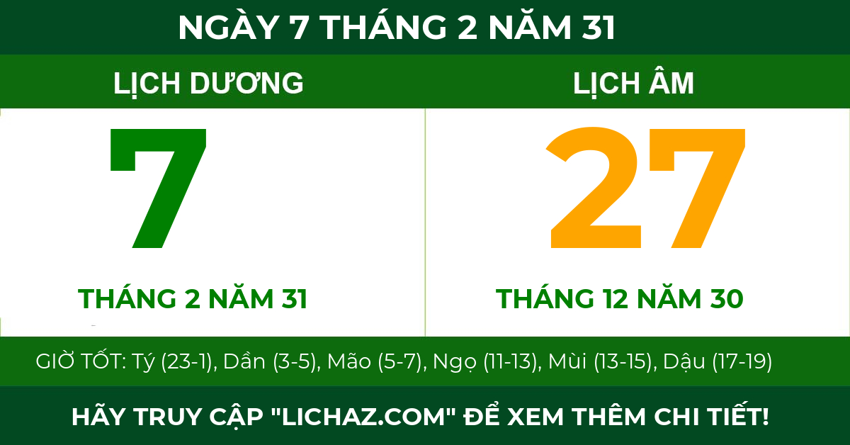 lịch âm ngày 7 tháng 2 năm 31