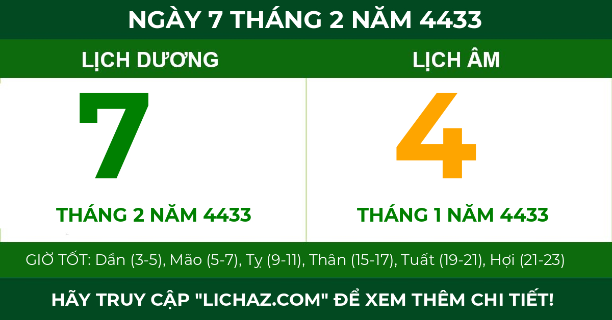 lịch âm ngày 7 tháng 2 năm 4433