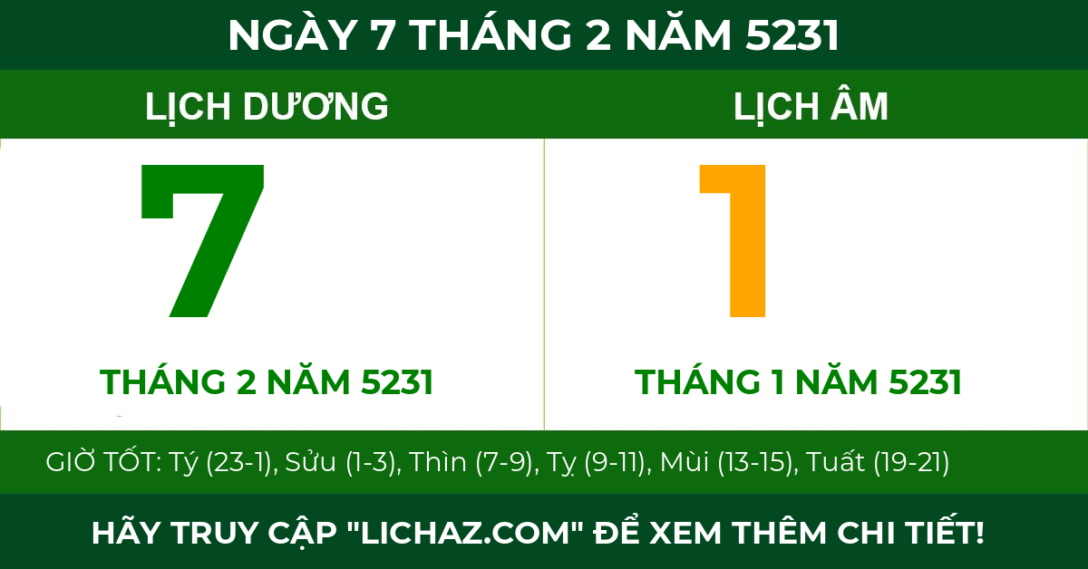 lịch âm ngày 7 tháng 2 năm 5231