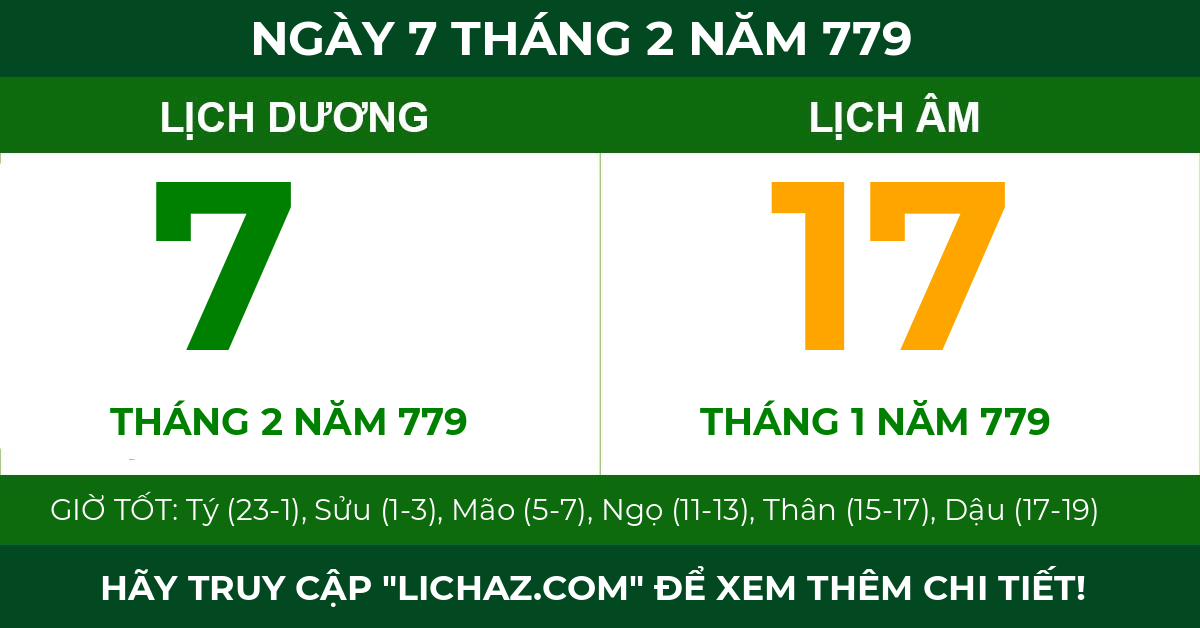 lịch âm ngày 7 tháng 2 năm 779