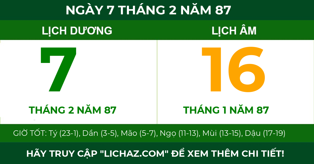 lịch âm ngày 7 tháng 2 năm 87
