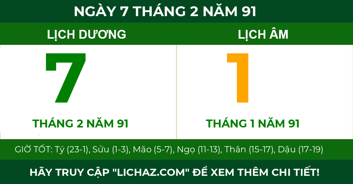 lịch âm ngày 7 tháng 2 năm 91