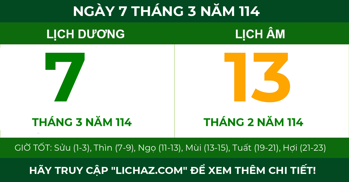 lịch âm ngày 7 tháng 3 năm 114