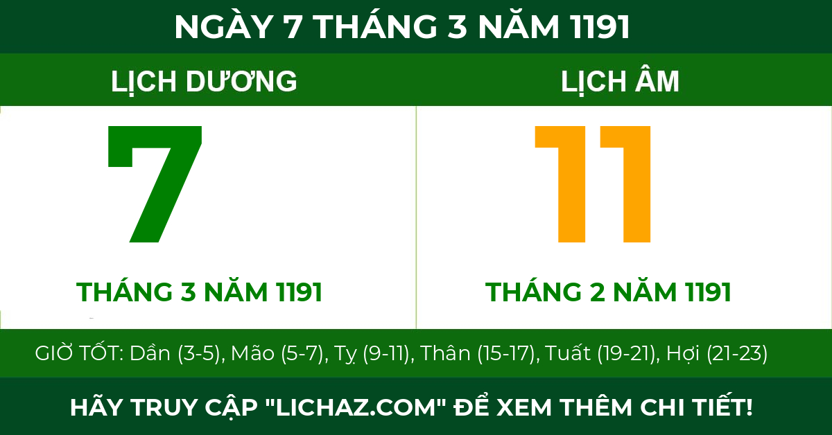 lịch âm ngày 7 tháng 3 năm 1191