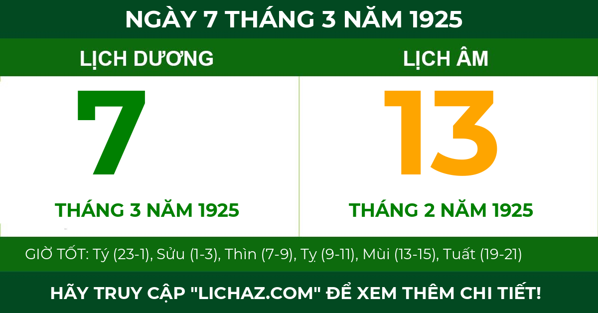 lịch âm ngày 7 tháng 3 năm 1925