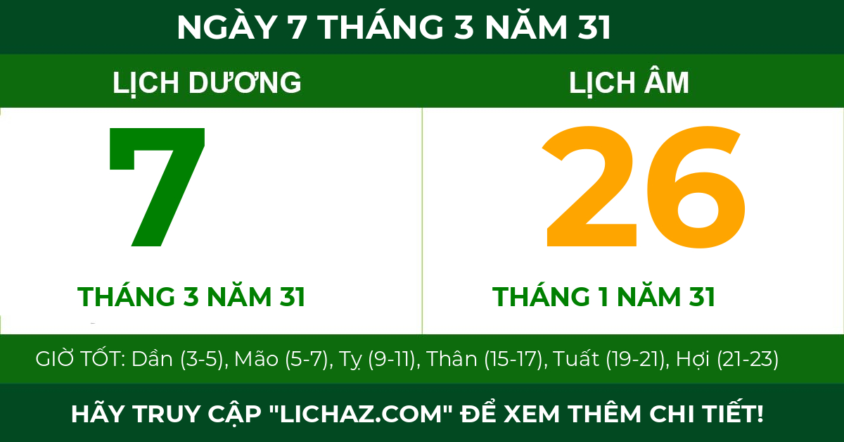 lịch âm ngày 7 tháng 3 năm 31