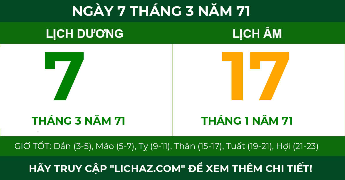 lịch âm ngày 7 tháng 3 năm 71