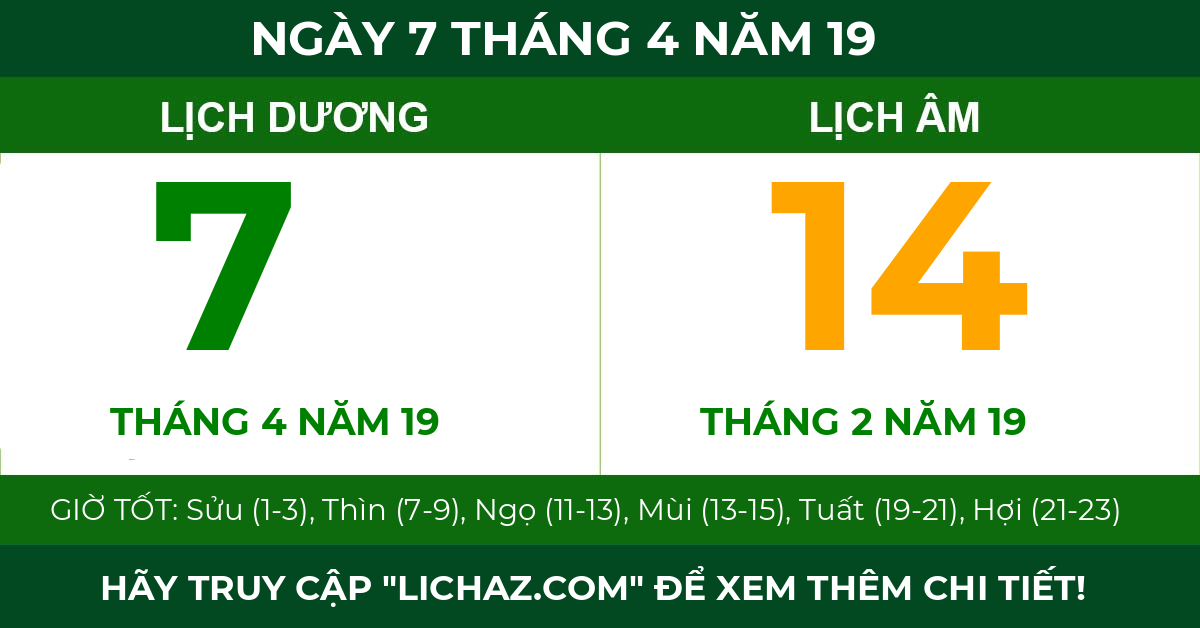 lịch âm ngày 7 tháng 4 năm 19