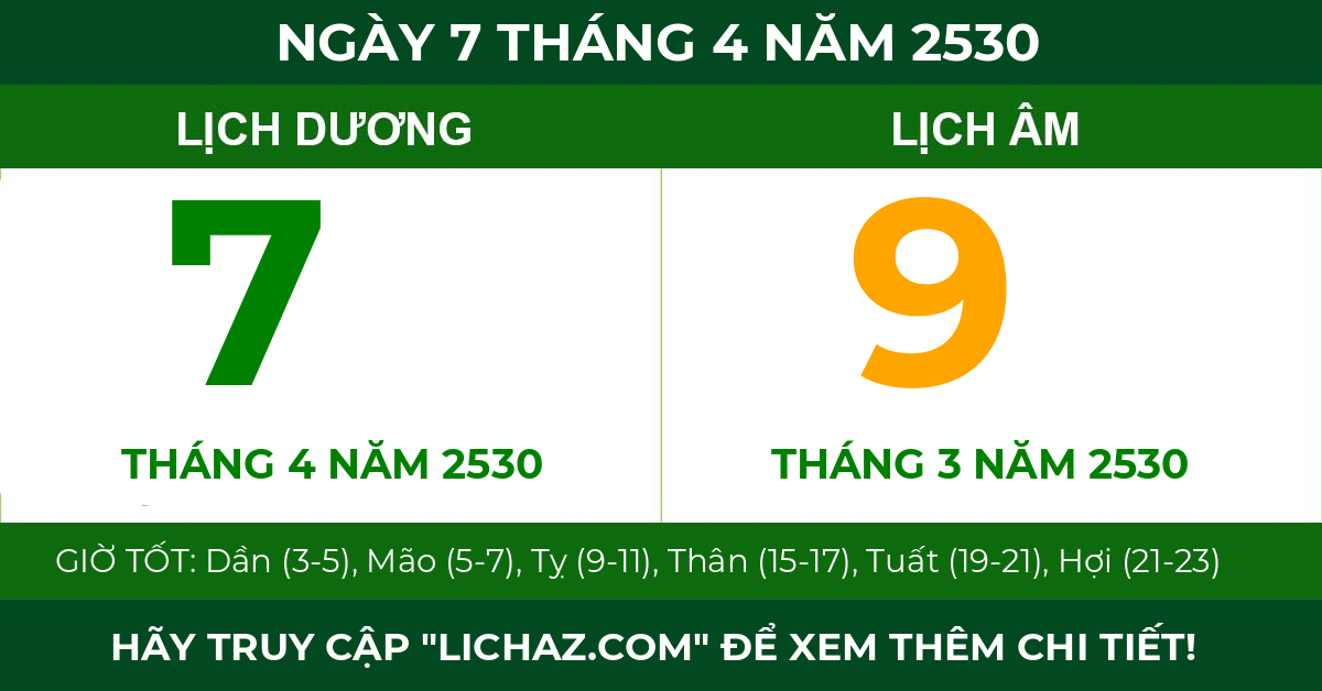 lịch âm ngày 7 tháng 4 năm 2530