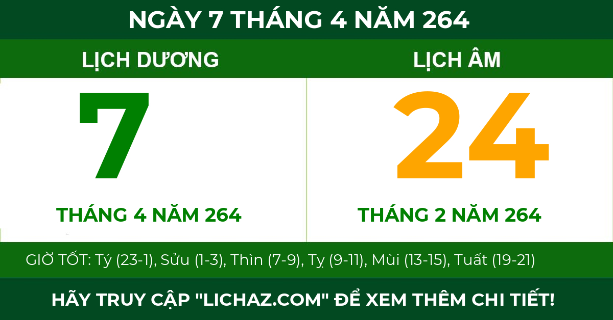 lịch âm ngày 7 tháng 4 năm 264