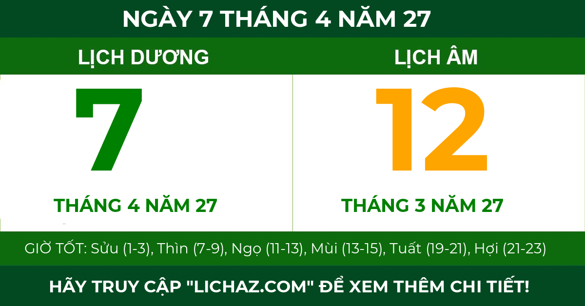 lịch âm ngày 7 tháng 4 năm 27