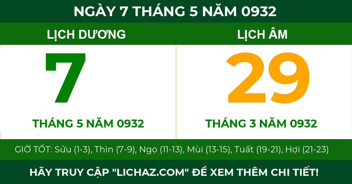 lịch âm ngày 7 tháng 5 năm 0932