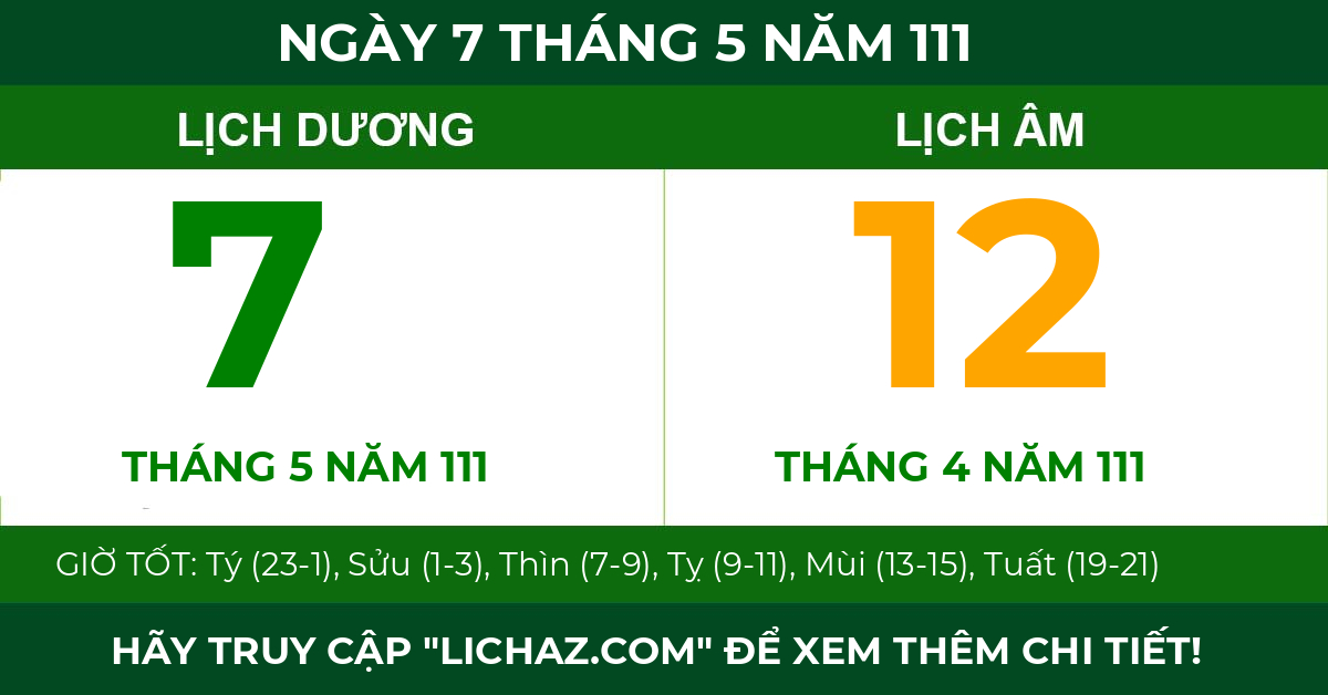 lịch âm ngày 7 tháng 5 năm 111